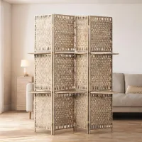 Biombo separador de ambiente 4 paneles con 2 estantes, madera de pino y fibras trenzadas, 181 x 180 cm
