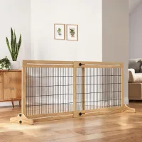 Barrera de seguridad para perros de pino y acero, ancho ajustable de 104 a 180 cm, altura 69 cm, autoportante para interior