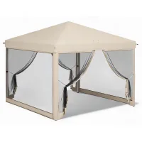 Pérgola de jardín cuadrada 3x3 m beige con paredes mosquitera extraíbles y estructura de acero