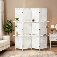Biombo de 4 paneles de pino y bambú, plegable, con estanterías, 181x180 cm