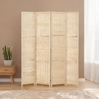 Biombo de 4 paneles de madera y bambú trenzado, separador de interior plegable y ahorra espacio, altura 170 cm