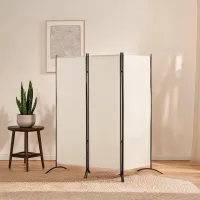 Biombo separador 3 paneles metal y poliéster soft beige, plegable, interior y exterior