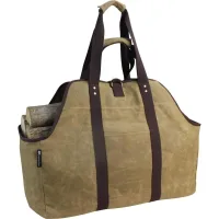 Bolso tote extragrande y resistente de lona encerada con asas y correa para el hombro, fabricado en madera robusta para chimeneas y estufas de leña.