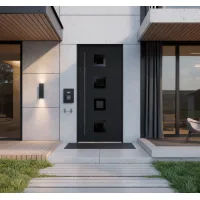 Puerta de entrada acorazada serie térmica dionizos negro antracita con cristal 204,5 x 87,6 cm apertura derecha | manillón