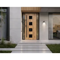 Puerta de entrada acorazada serie térmica dionizos roble sonoma con cristal 204,5 x 87,6 cm apertura derecha | manillón