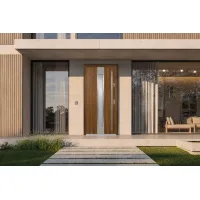Puerta de entrada acorazada serie térmica neptun roble dorado con cristal 204,5 x 87,6 cm apertura izquierda | manillón