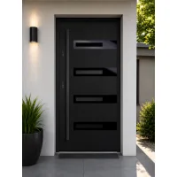 Puerta de entrada acorazada serie térmica rea negro antracita con cristal 204,5 x 87,6 cm apertura derecha | manillón