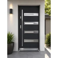 Puerta de entrada acorazada serie térmica rea gris antracita con cristal 204,5 x 87,6 cm apertura derecha | manillón