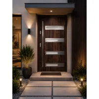 Puerta de entrada acorazada serie térmica rea nogal con cristal 204,5 x 87,6 cm apertura derecha | manillón