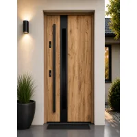 Puerta de entrada acorazada serie térmica temida sl roble sonoma con cristal 204,5 x 87,6 cm apertura derecha | manillón | seguridad clase 2