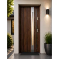 Puerta de entrada acorazada serie térmica temida sl nogal con cristal 204,5 x 87,6 cm apertura izquierda | manillón | seguridad clase 2