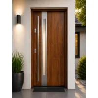 Puerta de entrada acorazada serie térmica temida sl roble dorado con cristal 204,5 x 87,6 cm apertura derecha | manillón | seguridad clase 2