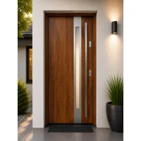 Puerta de entrada acorazada serie térmica temida sl roble dorado con cristal 204,5 x 87,6 cm apertura izquierda | manillón | seguridad clase 2