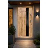 Puerta de entrada metálica serie confort ariadna roble sonoma con cristal 204,5 x 87,6 cm apertura izquierda