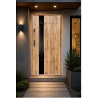 Puerta de entrada metálica serie confort ariadna roble sonoma con cristal 204,5 x 87,6 cm apertura derecha