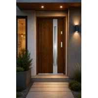 Puerta de entrada metálica serie confort ariadna roble dorado con cristal 204,5 x 87,6 cm apertura izquierda
