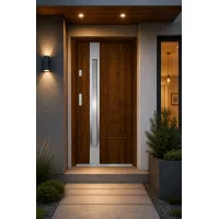 Puerta de entrada metálica serie confort ariadna roble dorado con cristal 204,5 x 87,6 cm apertura derecha