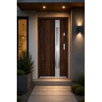 Puerta de entrada metálica serie confort ariadna nogal con cristal 204,5 x 87,6 cm apertura izquierda