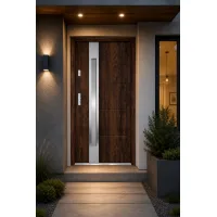 Puerta de entrada metálica serie confort ariadna nogal con cristal 204,5 x 87,6 cm apertura derecha