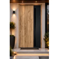 Puerta de entrada metálica serie confort arteon roble sonoma con cristal 204,5 x 87,6 cm apertura izquierda