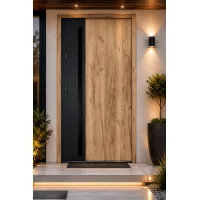 Puerta de entrada metálica serie confort arteon roble sonoma con cristal 204,5 x 87,6 cm apertura derecha