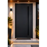 Puerta de entrada metálica serie confort arteon negro antracita con cristal 204,5 x 87,6 cm apertura izquierda