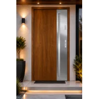 Puerta de entrada metálica serie confort arteon roble dorado con cristal 204,5 x 87,6 cm apertura izquierda