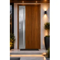 Puerta de entrada metálica serie confort arteon roble dorado con cristal 204,5 x 87,6 cm apertura derecha