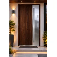 Puerta de entrada metálica serie confort arteon nogal con cristal 204,5 x 87,6 cm apertura izquierda