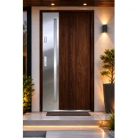 Puerta de entrada metálica serie confort arteon nogal con cristal 204,5 x 87,6 cm apertura derecha