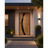 Puerta de entrada metálica serie confort selene roble sonoma con cristal 204,5 x 87,6 cm apertura derecha