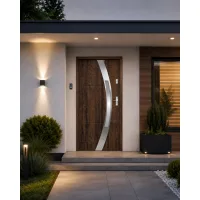 Puerta de entrada metálica serie confort selene nogal con cristal 204,5 x 87,6 cm apertura izquierda