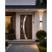 Puerta de entrada metálica serie confort selene nogal con cristal 204,5 x 87,6 cm apertura derecha