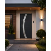 Puerta de entrada metálica serie confort selene gris antracita con cristal 204,5 x 87,6 cm apertura derecha