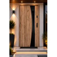Puerta de entrada metálica serie confort teja roble sonoma con cristal 204,5 x 87,6 cm apertura izquierda