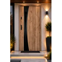Puerta de entrada metálica serie confort teja roble sonoma con cristal 204,5 x 87,6 cm apertura derecha