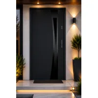 Puerta de entrada metálica serie confort teja negro antracita con cristal 204,5 x 87,6 cm apertura izquierda