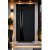 Puerta de entrada metálica serie confort teja negro antracita con cristal 204,5 x 87,6 cm apertura derecha