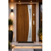 Puerta de entrada metálica serie confort teja roble dorado con cristal 204,5 x 87,6 cm apertura izquierda