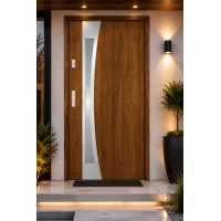 Puerta de entrada metálica serie confort teja roble dorado con cristal 204,5 x 87,6 cm apertura derecha
