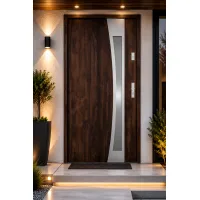 Puerta de entrada metálica serie confort teja nogal con cristal 204,5 x 87,6 cm apertura izquierda