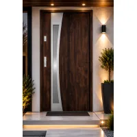 Puerta de entrada metálica serie confort teja nogal con cristal 204,5 x 87,6 cm apertura derecha