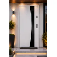 Puerta de entrada metálica serie confort teja blanco con cristal 204,5 x 87,6 cm apertura izquierda