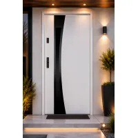 Puerta de entrada metálica serie confort teja blanco con cristal 204,5 x 87,6 cm apertura derecha