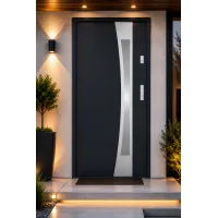 Puerta de entrada metálica serie confort teja gris antracita con cristal 204,5 x 87,6 cm apertura izquierda