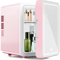 Nevera portátil cuidado de la piel espejo led regulable 4l 6 latas enfriador calentador cosméticos maquillaje belleza rosa