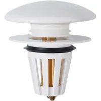 Tapón de lavabo de cerámica blanca / filtro de desagüe con núcleo de cobre tipo «pop-up» – compatible con tuberías de desagüe de 34–38 mm