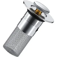 Tapón universal tipo «pop-up» para lavabo con filtro integrado, cesta coladora de acero inoxidable y junta de goma de repuesto.