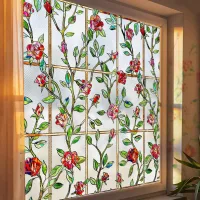 Lámina para ventanas con efecto vidriera, estampado floral rosa en 3d, opaca y autoadhesiva (44,5 x 100 cm).
