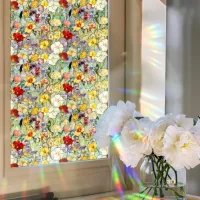 Lámina opaca para ventanas con estampado de amapolas arcoíris, bloquea la luz solar, autoadhesiva, no requiere adhesivo, 43 x 100 cm.